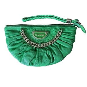 BEBE Green Ruched Clutch Wristlet 9”x 5” Logo 2000s Y2K